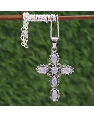 Holy Cross Rainbow Moonstone Pendant - 925 Silver Religious Jewelry