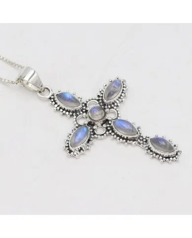 Holy Cross Rainbow Moonstone Pendant - 925 Silver Religious Jewelry