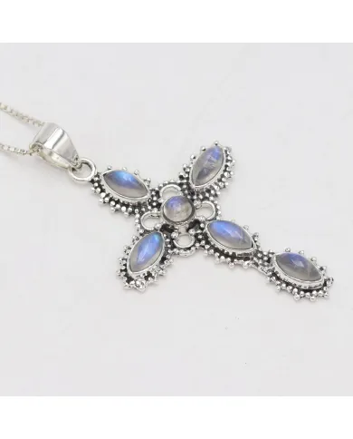 Rainbow Moonstone Cross Pendant Necklace, 925 Sterling Silver Gift
