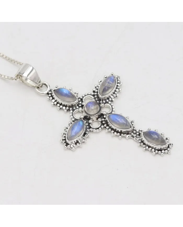 Rainbow Moonstone Cross Pendant Necklace, 925 Sterling Silver Gift