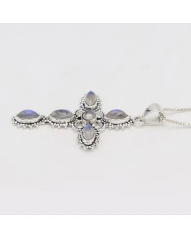 Holy Cross Rainbow Moonstone Pendant - 925 Silver Religious Jewelry