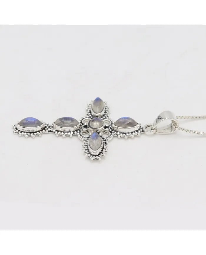 Holy Cross Rainbow Moonstone Pendant - 925 Silver Religious Jewelry