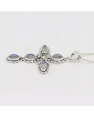 Rainbow Moonstone Cross Pendant Necklace, 925 Sterling Silver Gift