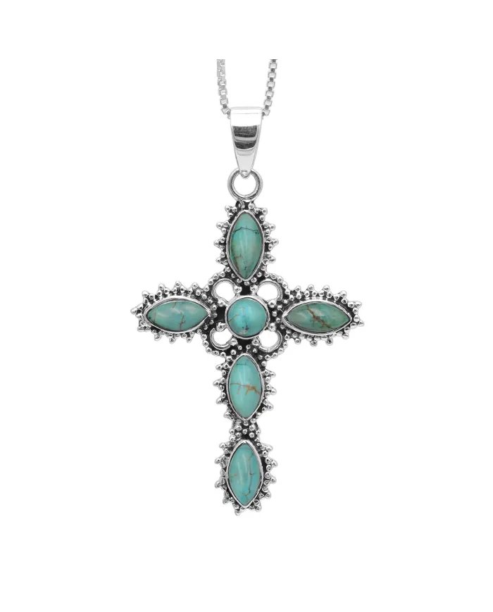 Holy Cross Turquoise Pendant - 925 Sterling Silver Religious Jewelry