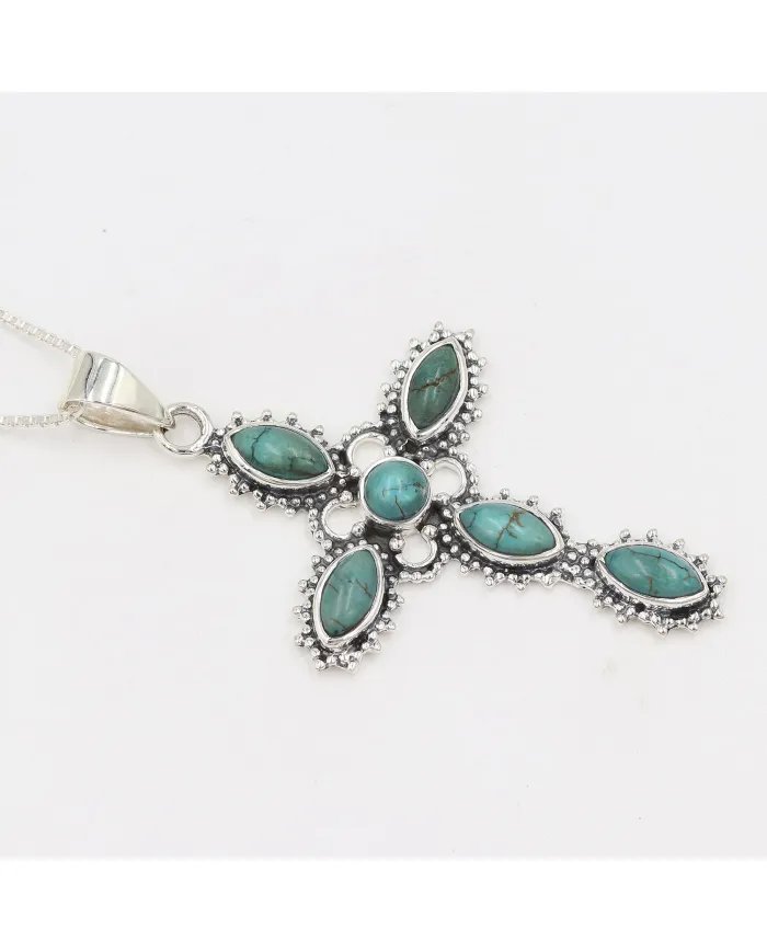 Holy Cross Turquoise Pendant - 925 Sterling Silver Religious Jewelry