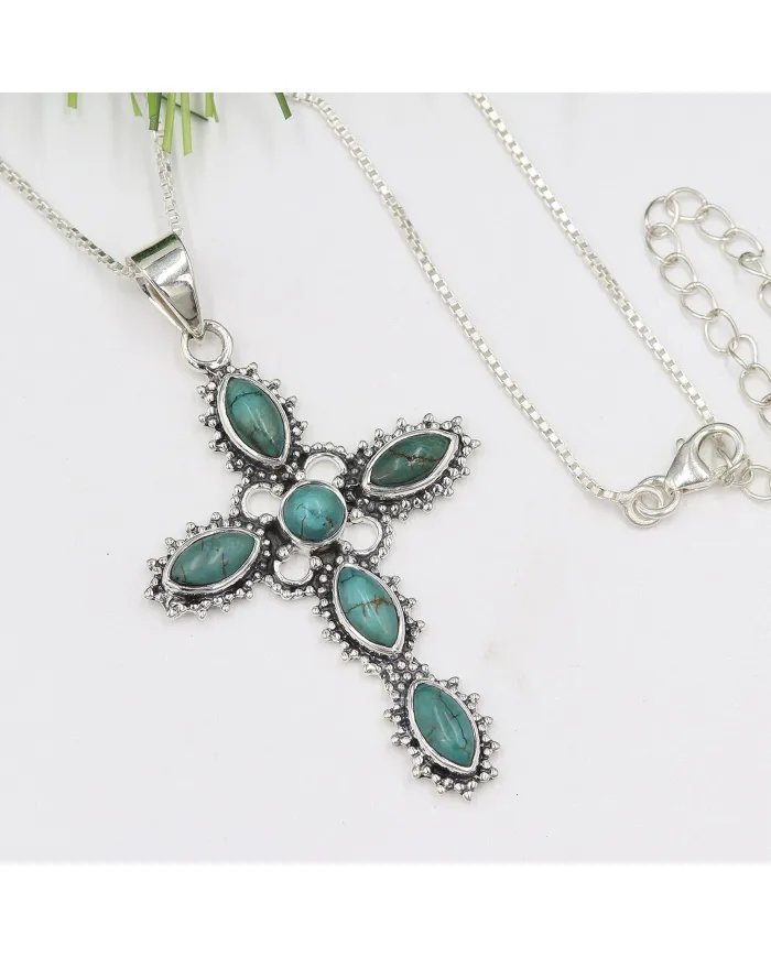 Holy Cross Turquoise Pendant - 925 Sterling Silver Religious Jewelry