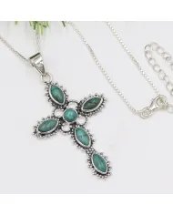 Holy Cross Turquoise Pendant - 925 Sterling Silver Religious Jewelry