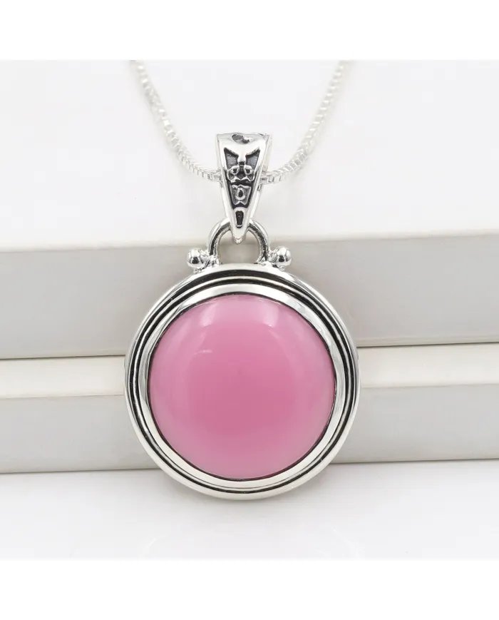 925 Sterling Silver Pink Opal Pendant – Round Gemstone Jewelry