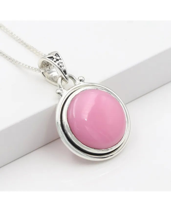 925 Sterling Silver Pink Opal Pendant – Round Gemstone Jewelry