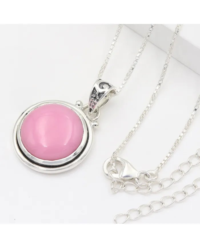925 Sterling Silver Pink Opal Pendant – Round Gemstone Jewelry