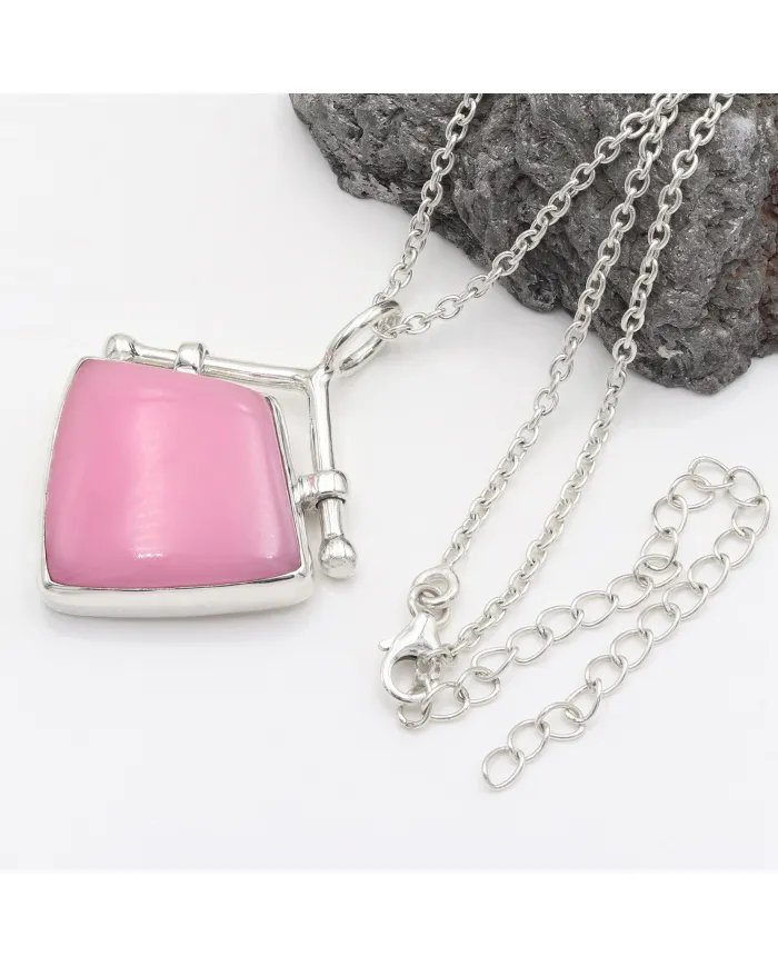 925 Sterling Silver Pink Opal Pendant – Handmade Cabochon Jewelry