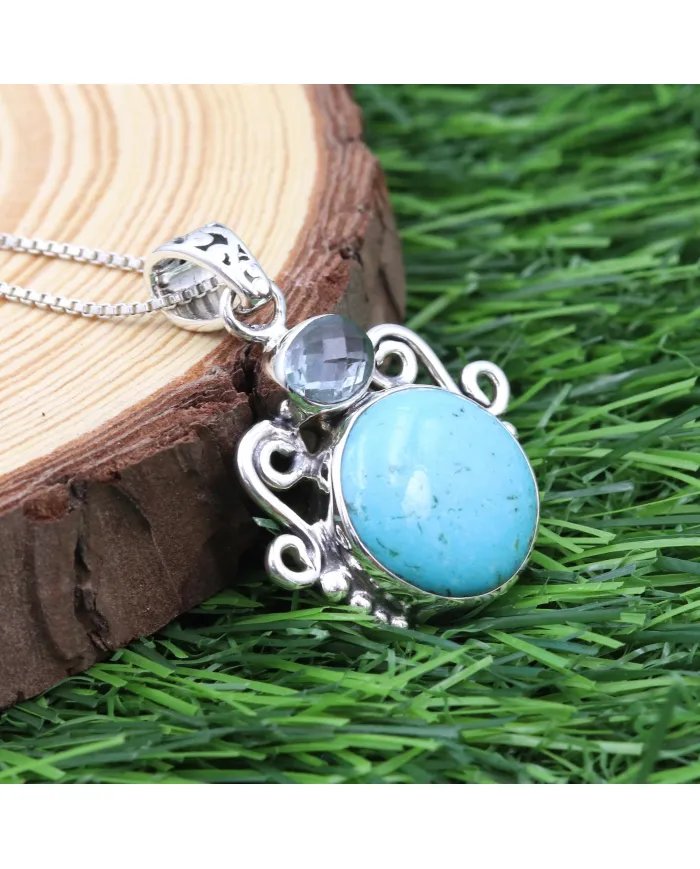 Arizona Turquoise & Sky Blue Topaz Pendant - 925 Sterling Silver Handmade Charm