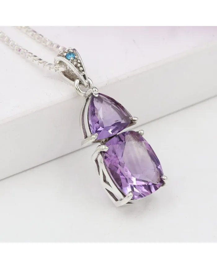 Amethyst & BT Zircon Pendant - 925 Sterling Silver Handmade Jewelry