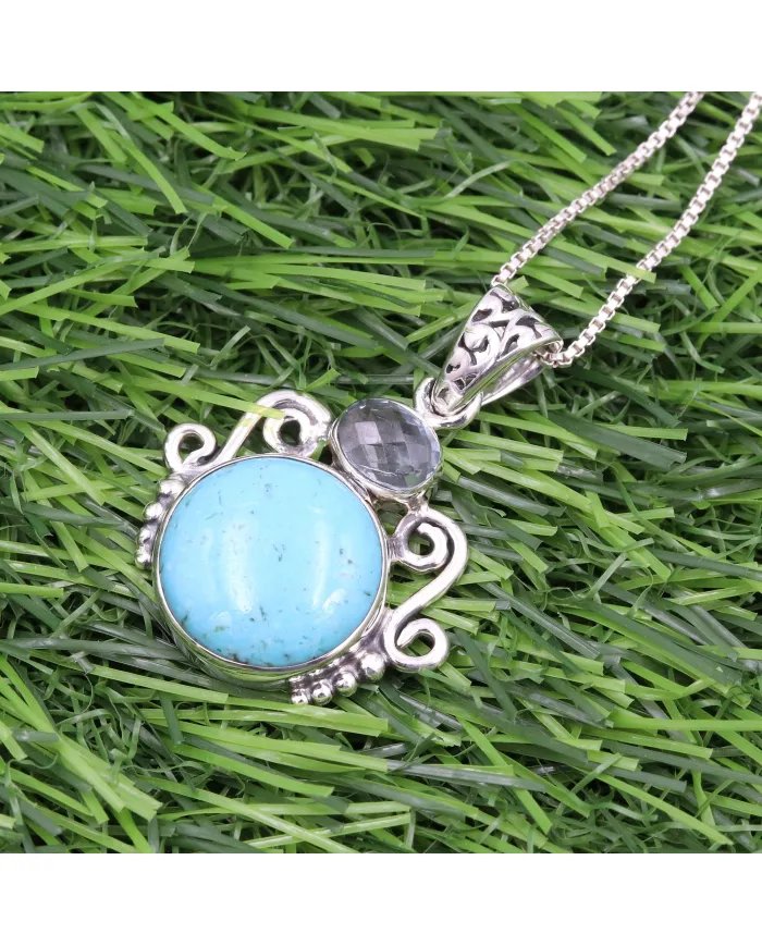 Arizona Turquoise & Sky Blue Topaz Pendant - 925 Sterling Silver Handmade Charm