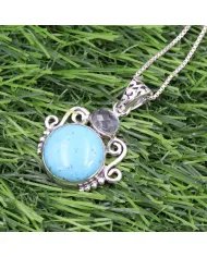 Arizona Turquoise & Sky Blue Topaz Pendant - 925 Sterling Silver Handmade Charm