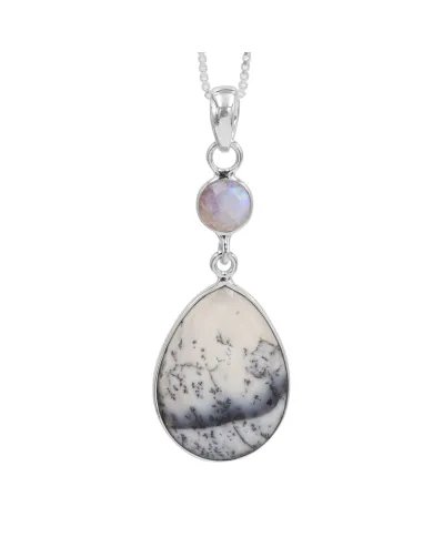 Natural Dendritic Opal & Rainbow Moonstone Pendant – 925 Silver Jewelry