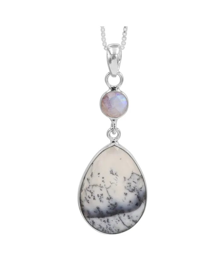 Natural Dendritic Opal & Rainbow Moonstone Pendant – 925 Silver Jewelry