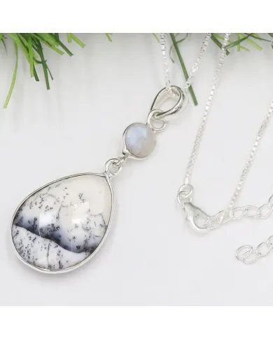 Natural Dendritic Opal & Rainbow Moonstone Pendant – 925 Silver Jewelry