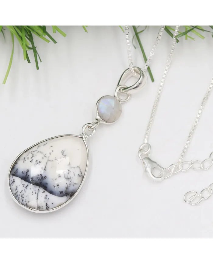 Natural Dendritic Opal & Rainbow Moonstone Pendant – 925 Silver Jewelry