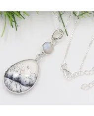 Natural Dendritic Opal & Rainbow Moonstone Pendant – 925 Silver Jewelry