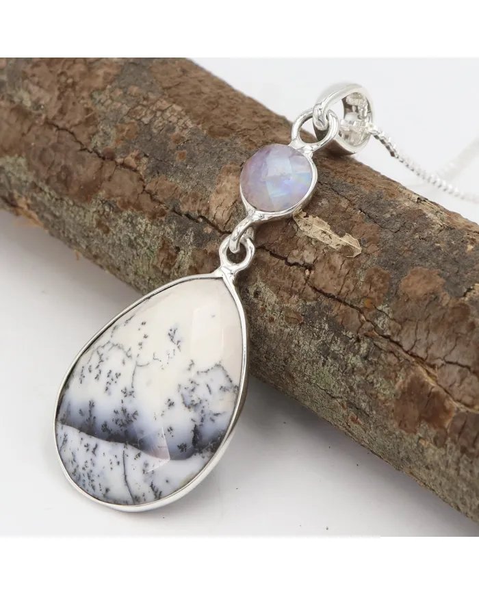 Natural Dendritic Opal & Rainbow Moonstone Pendant – 925 Silver Jewelry