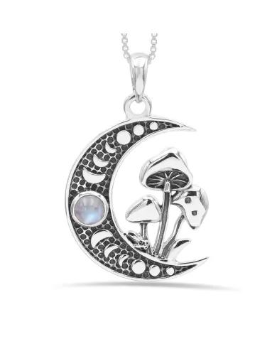 Rainbow Moonstone Moon Phase Moon Mushroom Pendant Necklace for Women