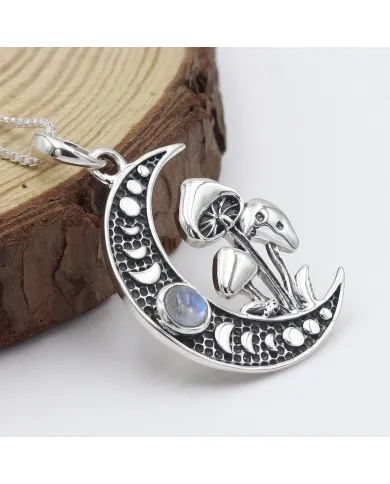 Rainbow Moonstone Moon Phase Moon Mushroom Pendant Necklace for Women