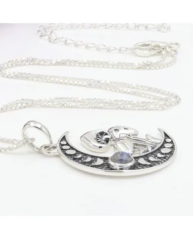 Rainbow Moonstone Moon Necklace – 925 Sterling Silver Oxidized Finish