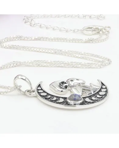 Rainbow Moonstone Moon Phase Moon Mushroom Pendant Necklace for Women