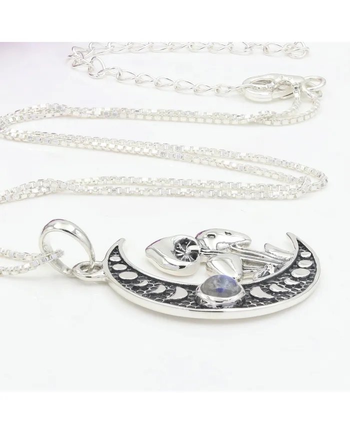 Rainbow Moonstone Moon Necklace – 925 Sterling Silver Oxidized Finish