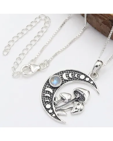 Rainbow Moonstone Moon Phase Moon Mushroom Pendant Necklace for Women