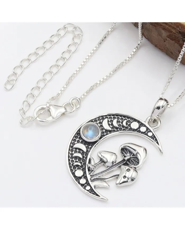 Rainbow Moonstone Moon Necklace – 925 Sterling Silver Oxidized Finish