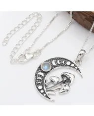 Rainbow Moonstone Moon Necklace – 925 Sterling Silver Oxidized Finish