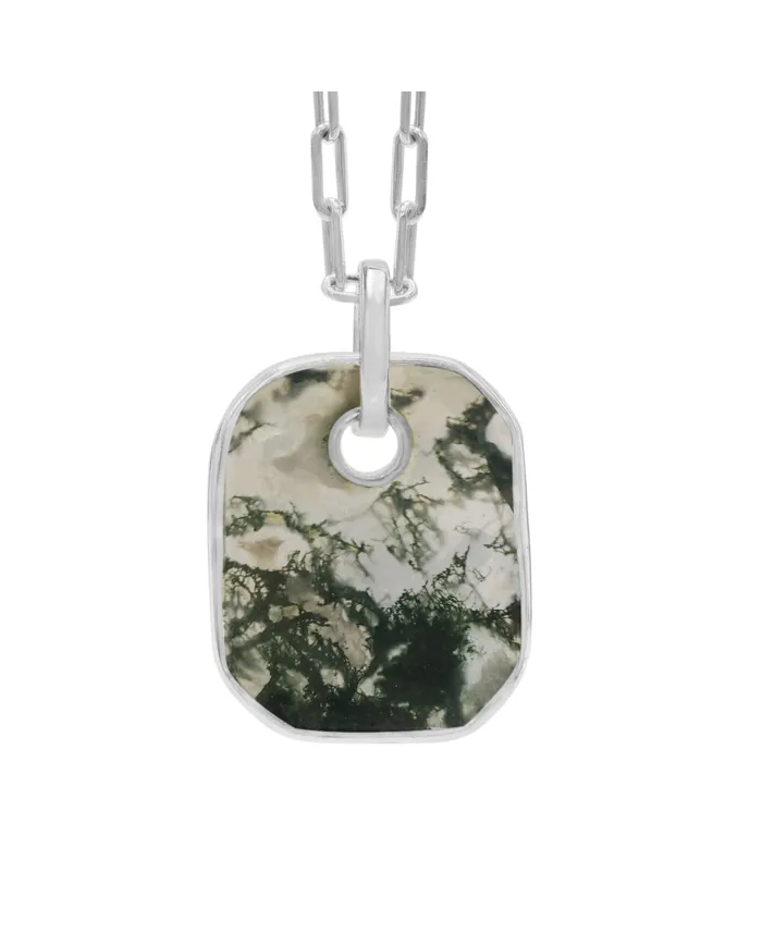Moss Agate Pendant Necklace in Sterling Silver Handmade Unisex Jewelry