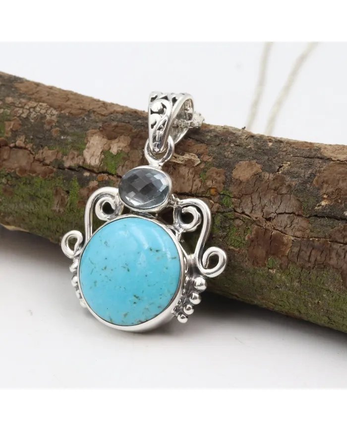 Arizona Turquoise & Sky Blue Topaz Pendant - 925 Sterling Silver Handmade Charm