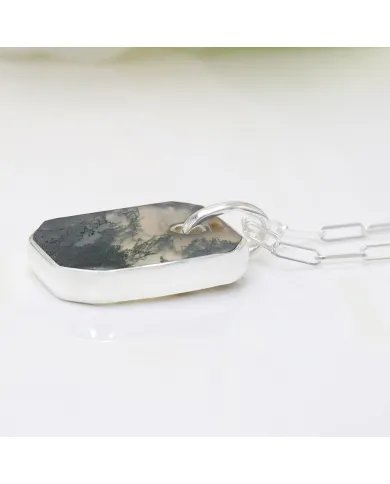 Moss Agate Pendant Necklace – 925 Sterling Silver Handmade Unisex Jewelry