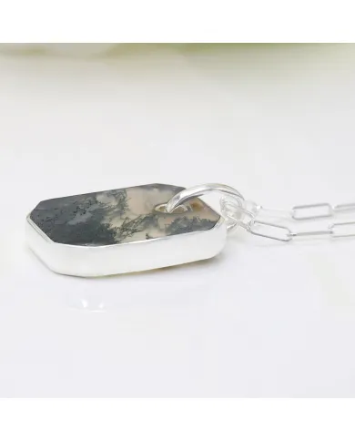 Moss Agate Pendant Necklace in Sterling Silver Handmade Unisex Jewelry