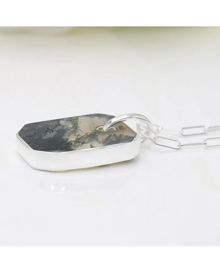 Moss Agate Pendant Necklace in Sterling Silver Handmade Unisex Jewelry