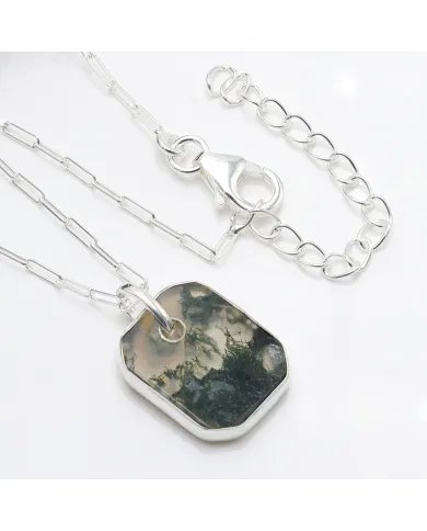 Moss Agate Pendant Necklace – 925 Sterling Silver Handmade Unisex Jewelry