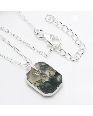 Moss Agate Pendant Necklace in Sterling Silver Handmade Unisex Jewelry