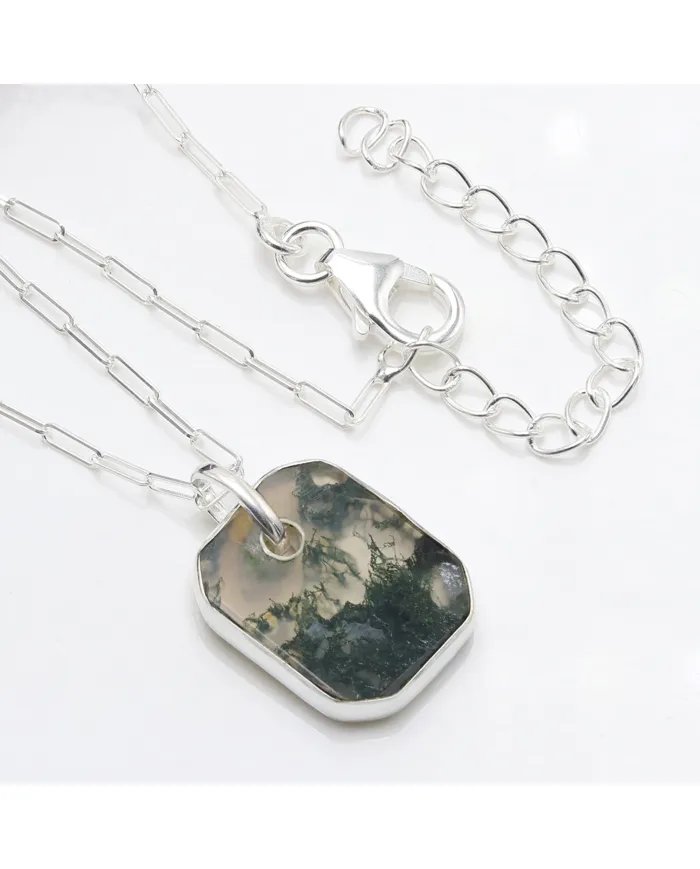 Moss Agate Pendant Necklace – 925 Sterling Silver Handmade Unisex Jewelry
