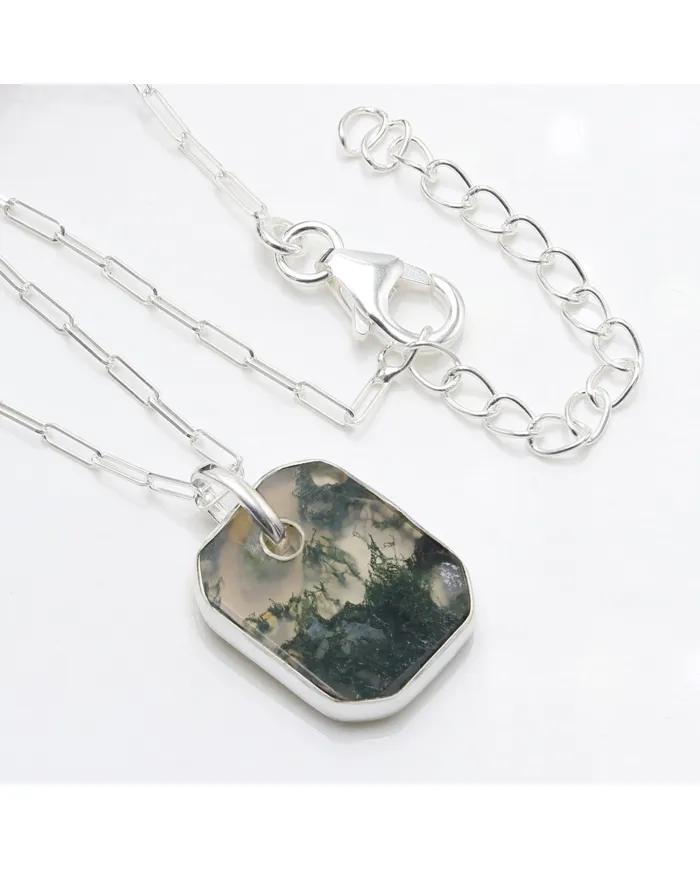 Moss Agate Pendant Necklace in Sterling Silver Handmade Unisex Jewelry