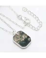 Moss Agate Pendant Necklace – 925 Sterling Silver Handmade Unisex Jewelry