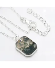 Moss Agate Pendant Necklace in Sterling Silver Handmade Unisex Jewelry