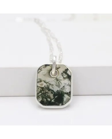 Moss Agate Pendant Necklace – 925 Sterling Silver Handmade Unisex Jewelry