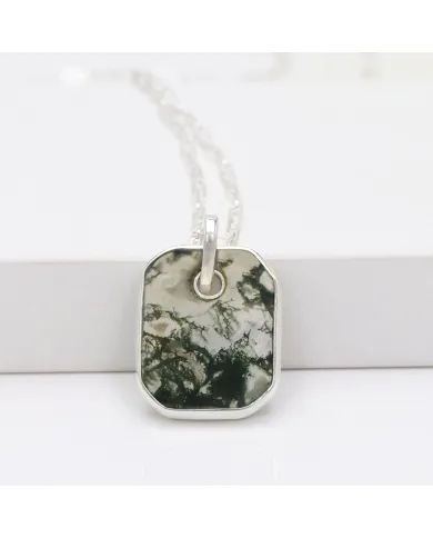 Moss Agate Pendant Necklace in Sterling Silver Handmade Unisex Jewelry
