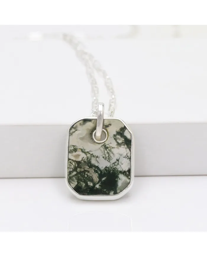 Moss Agate Pendant Necklace in Sterling Silver Handmade Unisex Jewelry