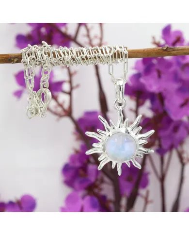 Rainbow Moonstone Sunburst Face Carved Pendant - 925 Silver Jewelry