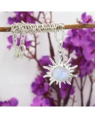 Rainbow Moonstone Sunburst Face Carved Pendant - 925 Silver Jewelry