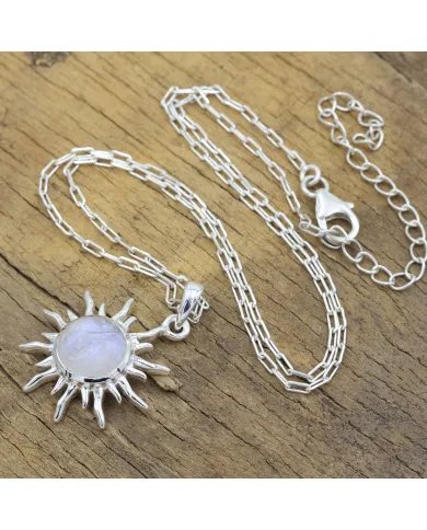 Rainbow Moonstone Sunburst Face Carved Pendant - 925 Silver Jewelry